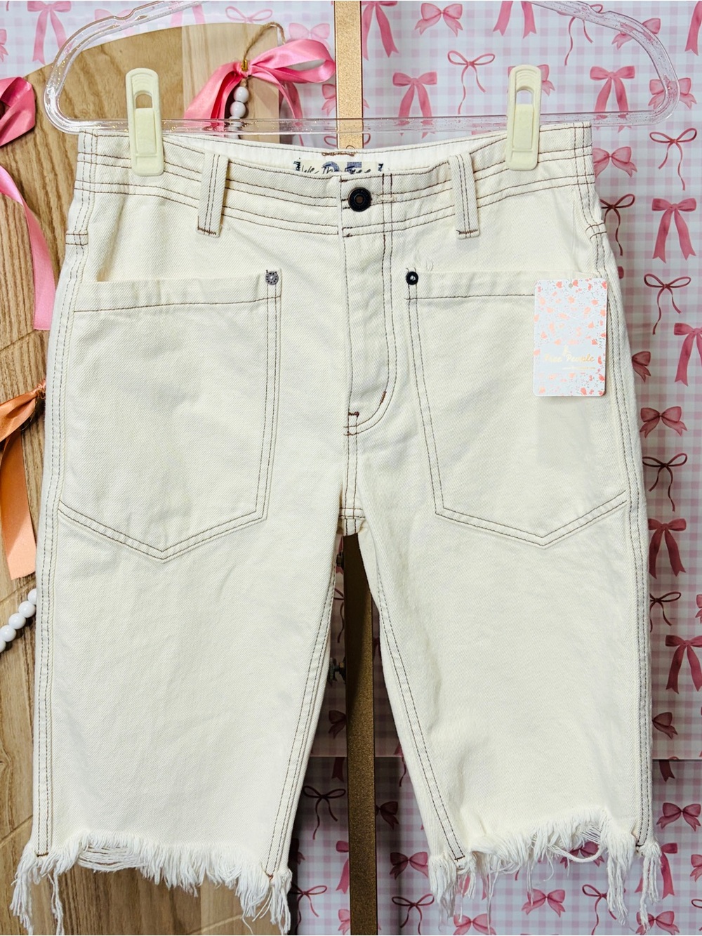 We The Free Cream High-Rise Denim Cut Off Shorts Bermuda Bikers Alix Earle Style